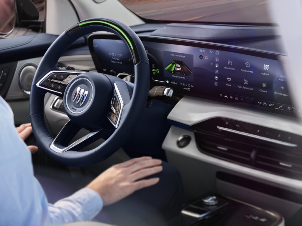 View of the 2025 Buick Enclave Avenir interior with available Super Cruise hands-free technology engaged.