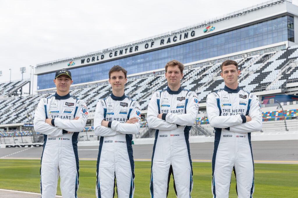 Aston Martin Vantage GT3 Takes Center Stage At The Rolex 24 At Daytona. Drivers Mattia Drudi, Casper Stevenson, Zach Robichon, Tom Gamble