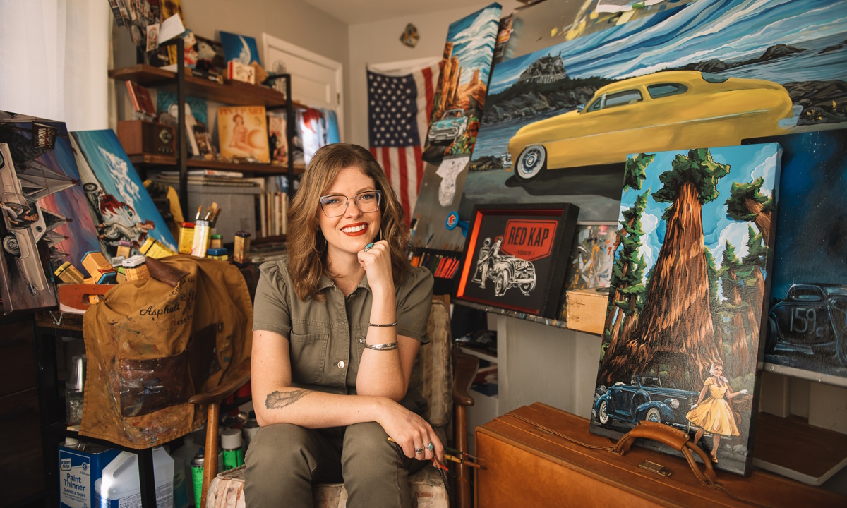 At first glance, Kate Cook’s artwork might seem like a paradox—a seamless blend of classic oil painting techniques with the high-octane world of automotive enamels. Her signature approach, which she calls "Artemotiv," merges the meticulous craftsmanship of fine art with the raw energy of hot rods and muscle cars. But spend a few minutes with Cook, and the paradox resolves itself into something more profound: an artist who has not only found her lane but paved it herself.