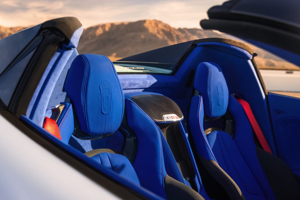 The 2027 Chevrolet Corvette Grand Sport Launch Edition features embossed headrests in Santorini Blue-Dipped interior.