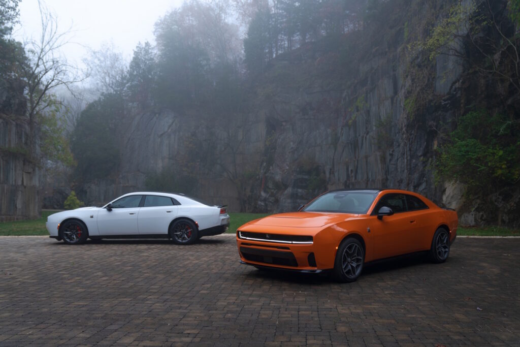 The new multi-energy Charger lineup includes the SIXPACK-powered 2026 Dodge Charger Scat Pack (right, shown in Peel Out exterior color) and the all-electric 2026 Dodge Charger Daytona Scat Pack (shown in White Knuckle).