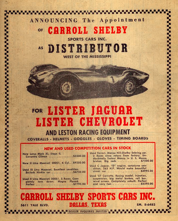Carroll Shelby Sports Car Advertisement Dallas Texas