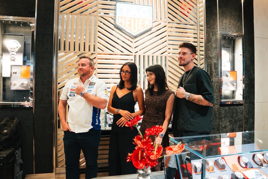 Michael Satterfield, Vald Shurigin (Zuumy), Elly Wong at TAG Heuer Boutique in Austin Texas for Formula 1 weekend.